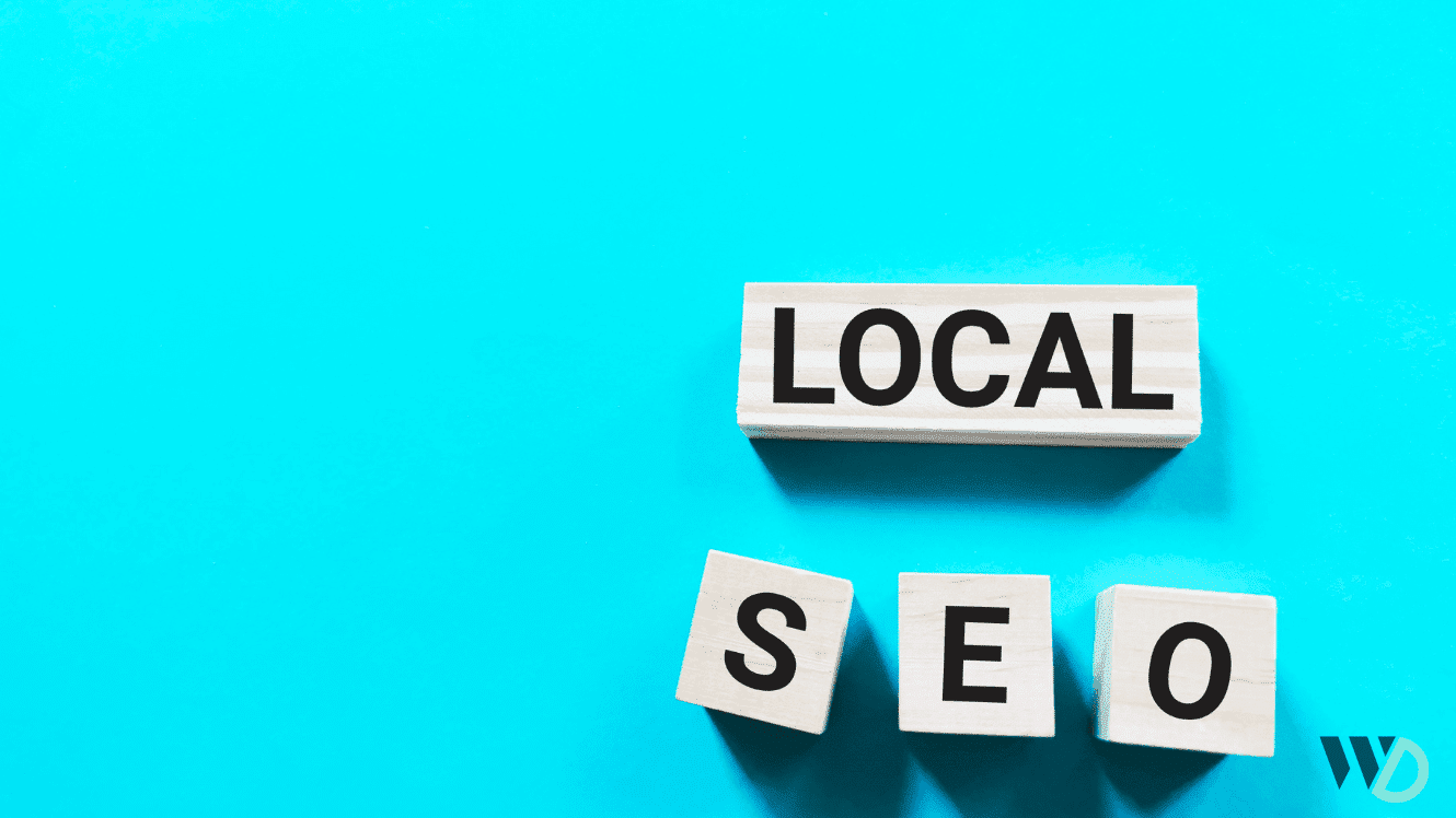Lokales SEO für Unternehmen - Schriftzug (local SEO) auf einem blauen Hintergrund.